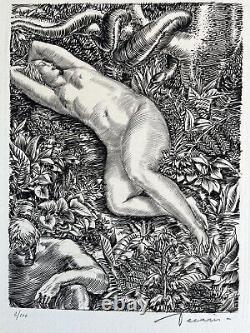 Albert Decaris Etching: Eve and Serpent Study of Nude Woman Art Deco