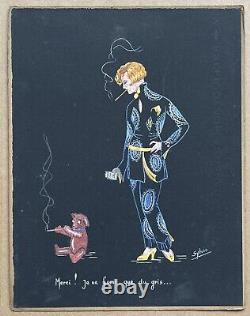 Ancient Art Deco Gouache Sylvio Portrait of a Woman Fashion Teddy Bear Cigarette