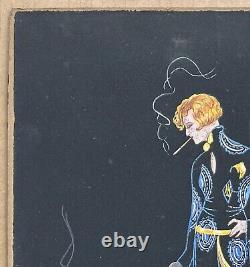 Ancient Art Deco Gouache Sylvio Portrait of a Woman Fashion Teddy Bear Cigarette