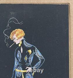 Ancient Art Deco Gouache Sylvio Portrait of a Woman Fashion Teddy Bear Cigarette