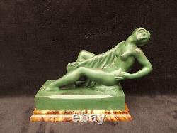 Ancient Art Deco Signed BERCOS Green Patinated Regule Nude Woman Figurine