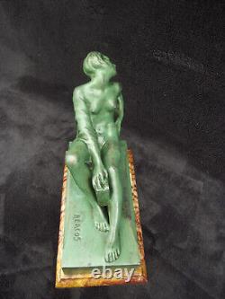 Ancient Art Deco Signed BERCOS Green Patinated Regule Nude Woman Figurine