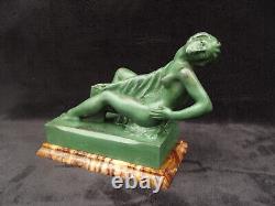 Ancient Art Deco Signed BERCOS Green Patinated Regule Nude Woman Figurine