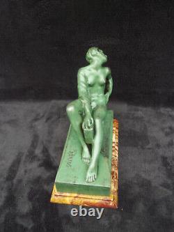 Ancient Art Deco Signed BERCOS Green Patinated Regule Nude Woman Figurine