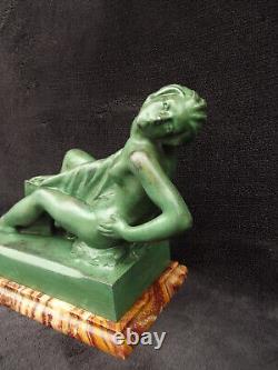 Ancient Art Deco Signed BERCOS Green Patinated Regule Nude Woman Figurine