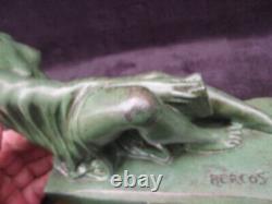 Ancient Art Deco Signed BERCOS Green Patinated Regule Nude Woman Figurine