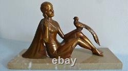 Ancient Art Deco Signed H. BAL Woman with Bird Regule Sculpture Statuette