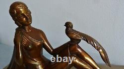 Ancient Art Deco Signed H. BAL Woman with Bird Regule Sculpture Statuette