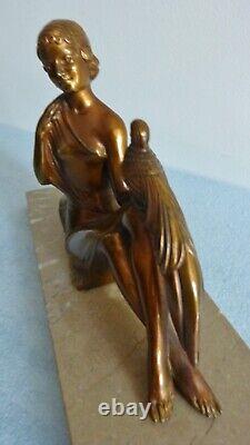 Ancient Art Deco Signed H. BAL Woman with Bird Regule Sculpture Statuette