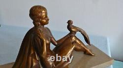 Ancient Art Deco Signed H. BAL Woman with Bird Regule Sculpture Statuette