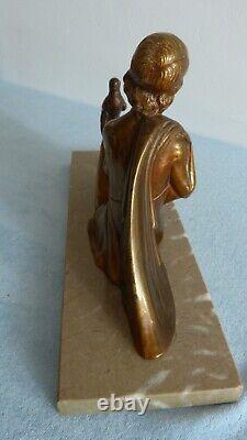 Ancient Art Deco Signed H. BAL Woman with Bird Regule Sculpture Statuette