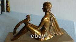 Ancient Art Deco Signed H. BAL Woman with Bird Regule Sculpture Statuette