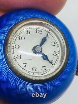 Ancient Art Deco Silver Massif Enamel Blue Guilloché Ball Pendant Watch