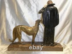 Ancient Art Deco Statue Menneville Rochard Sculpture Woman Greyhound French Art