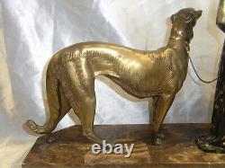 Ancient Art Deco Statue Menneville Rochard Sculpture Woman Greyhound French Art