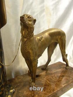 Ancient Art Deco Statue Menneville Rochard Sculpture Woman Greyhound French Art