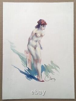 Ancient Art Deco Watercolor Erotic Portrait of a Red-Haired Nude Woman Signed