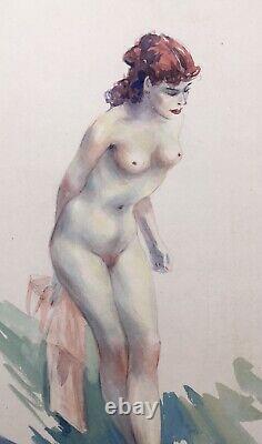 Ancient Art Deco Watercolor Erotic Portrait of a Red-Haired Nude Woman Signed