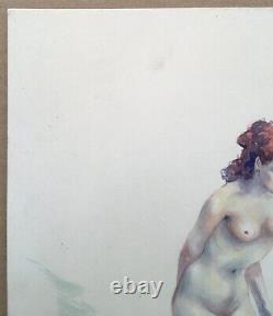 Ancient Art Deco Watercolor Erotic Portrait of a Red-Haired Nude Woman Signed