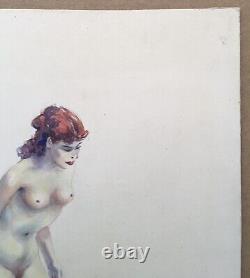 Ancient Art Deco Watercolor Erotic Portrait of a Red-Haired Nude Woman Signed