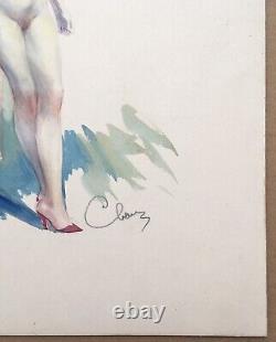 Ancient Art Deco Watercolor Erotic Portrait of a Red-Haired Nude Woman Signed