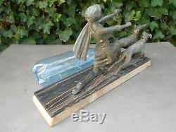 Ancient Sculpture Of Marble Art Deco Woman Tomboy With Greyhounds Signed P Segas