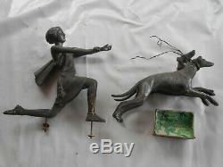 Ancient Sculpture Of Marble Art Deco Woman Tomboy With Greyhounds Signed P Segas