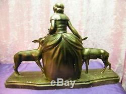 Ancient Statue Plaster Art Deco Signed Numbered Woman With Pets Not Bronze