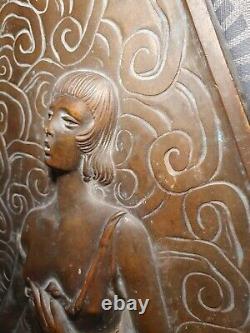 Ancient bronze bas-relief plaque Art Deco sculpture woman with 2 different faces