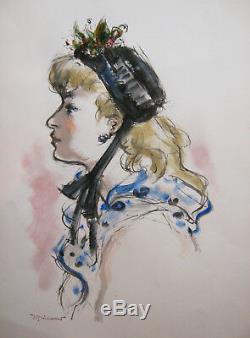 Andre Dignimont Watercolor Drawing Portrait Girl Profile Hat Art