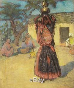 Andree Karpeles Pastel Indian Woman Table Travel India Art Deco Indian Drawing