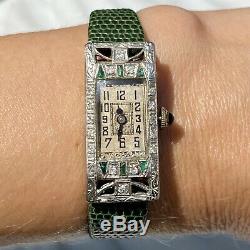 Antique Art Deco European Diamond Emerald Sapphire Platinum Tonneau Watch 1920s