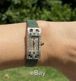 Antique Art Deco European Diamond Emerald Sapphire Platinum Tonneau Watch 1920s