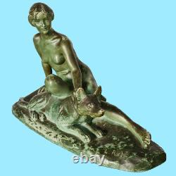 Antique Art Deco Sculpture Statue Woman with German Shepherd Dog by L Riché