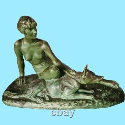 Antique Art Deco Sculpture Statue Woman with German Shepherd Dog by L Riché