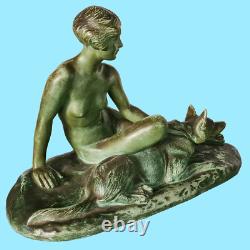 Antique Art Deco Sculpture Statue Woman with German Shepherd Dog by L Riché