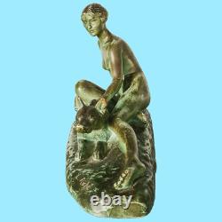 Antique Art Deco Sculpture Statue Woman with German Shepherd Dog by L Riché