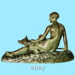 Antique Art Deco Sculpture Statue Woman with German Shepherd Dog by L Riché