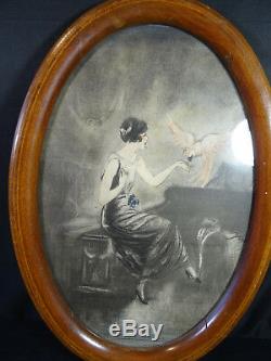 Antique Prints Deco Woman Parrot Art Milliere