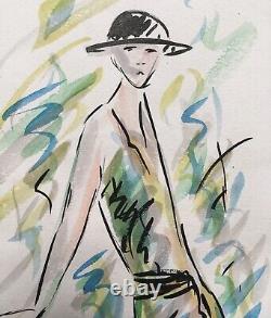 Aquarelle Original Art Deco André Meurice Portrait Woman Fashion Dress Hat 20s