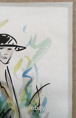 Aquarelle Original Art Deco André Meurice Portrait Woman Fashion Dress Hat 20s