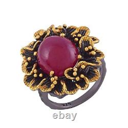 Art Deco 18 Carat Yellow Gold Cocktail Ring with Genuine Ruby Flower Women's Jewelry