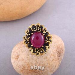 Art Deco 18 Carat Yellow Gold Cocktail Ring with Genuine Ruby Flower Women's Jewelry