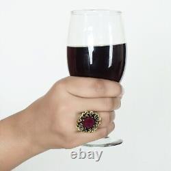 Art Deco 18 Carat Yellow Gold Cocktail Ring with Genuine Ruby Flower Women's Jewelry