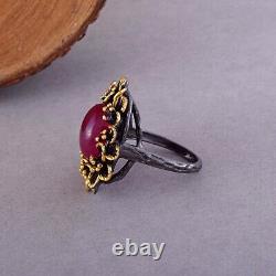 Art Deco 18 Carat Yellow Gold Cocktail Ring with Genuine Ruby Flower Women's Jewelry