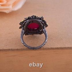 Art Deco 18 Carat Yellow Gold Cocktail Ring with Genuine Ruby Flower Women's Jewelry