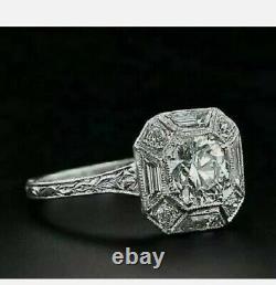 Art Deco 2 Ct Diamond Round Halo Woman Engagement Ring 14k White Gold Finish