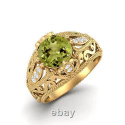 Art Deco 7 MM Round Peridot 10k Yellow Gold Filigree Women's Wedding Ring