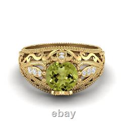 Art Deco 7 MM Round Peridot 10k Yellow Gold Filigree Women's Wedding Ring