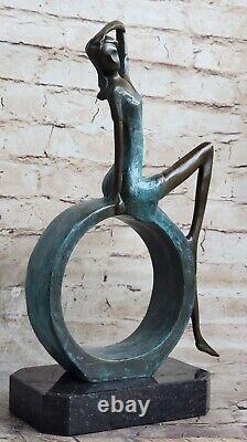 Art Deco Abstract Sculpture of Seated Woman and Girl in Bronze Circle Statue